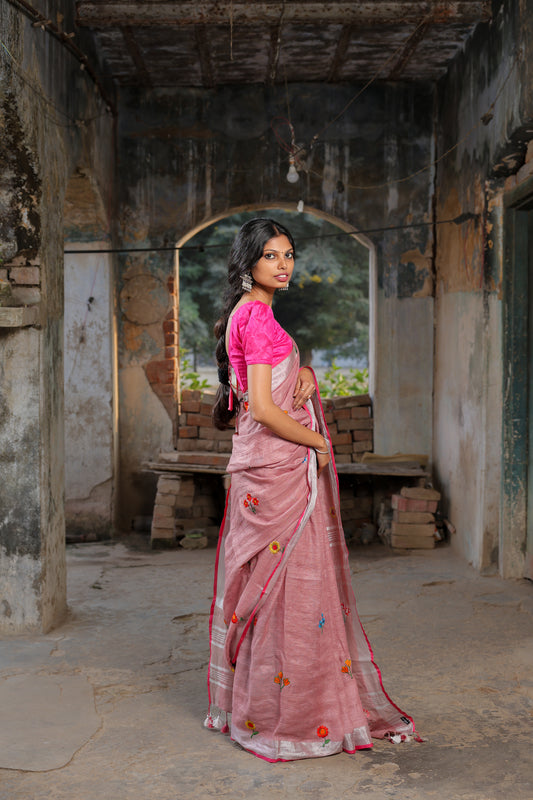 Linen Saree with Artistic Patchwork | Elegant Summer Wear