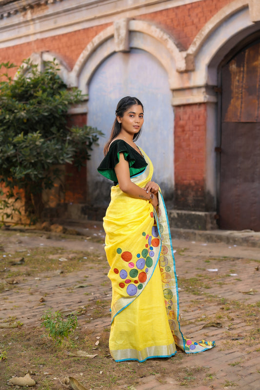 Linen Saree with Artistic Patchwork | Elegant Summer Wear