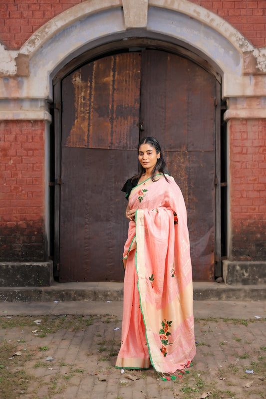 Linen Saree with Artistic Patchwork | Elegant Summer Wear