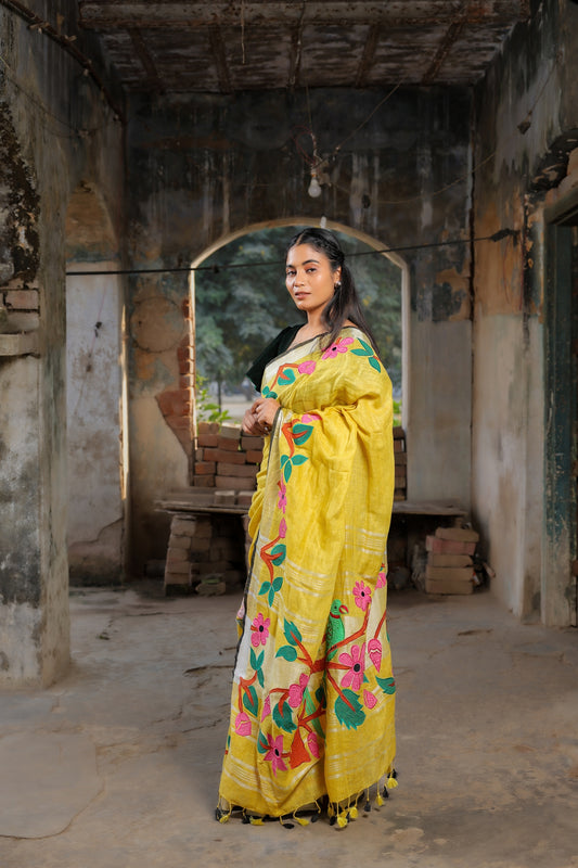 Linen Saree with Artistic Patchwork | Elegant Summer Wear