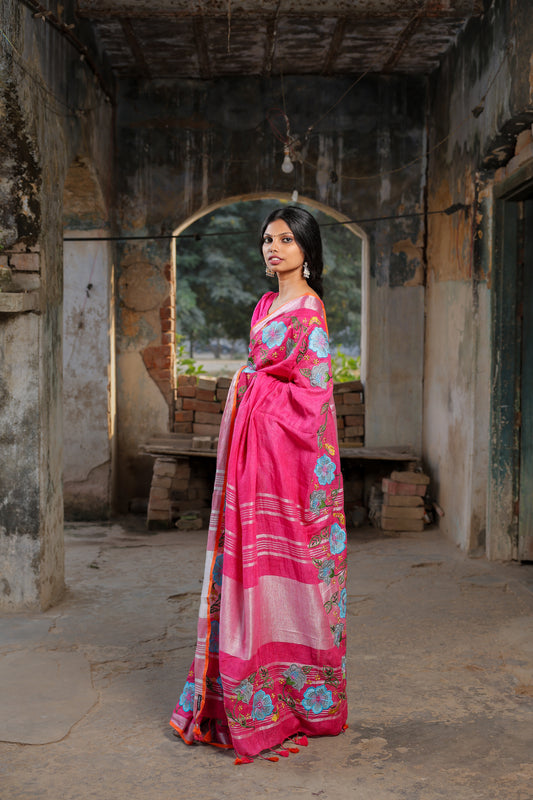 Linen Saree with Artistic Patchwork | Elegant Summer Wear