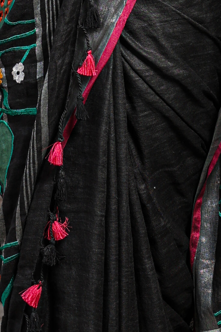 Linen Saree with Artistic Patchwork | Elegant Summer Wear
