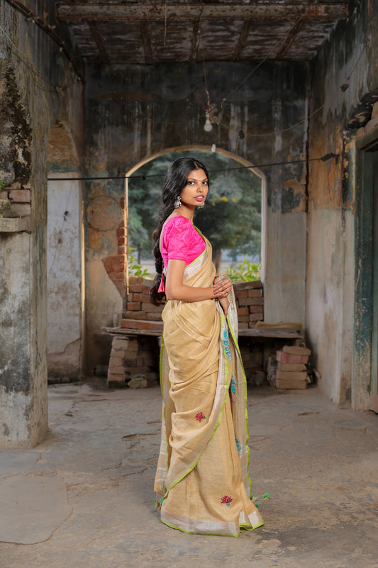 Linen Saree with Artistic Patchwork | Elegant Summer Wear