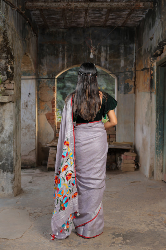 Linen Saree with Artistic Patchwork | Elegant Summer Wear