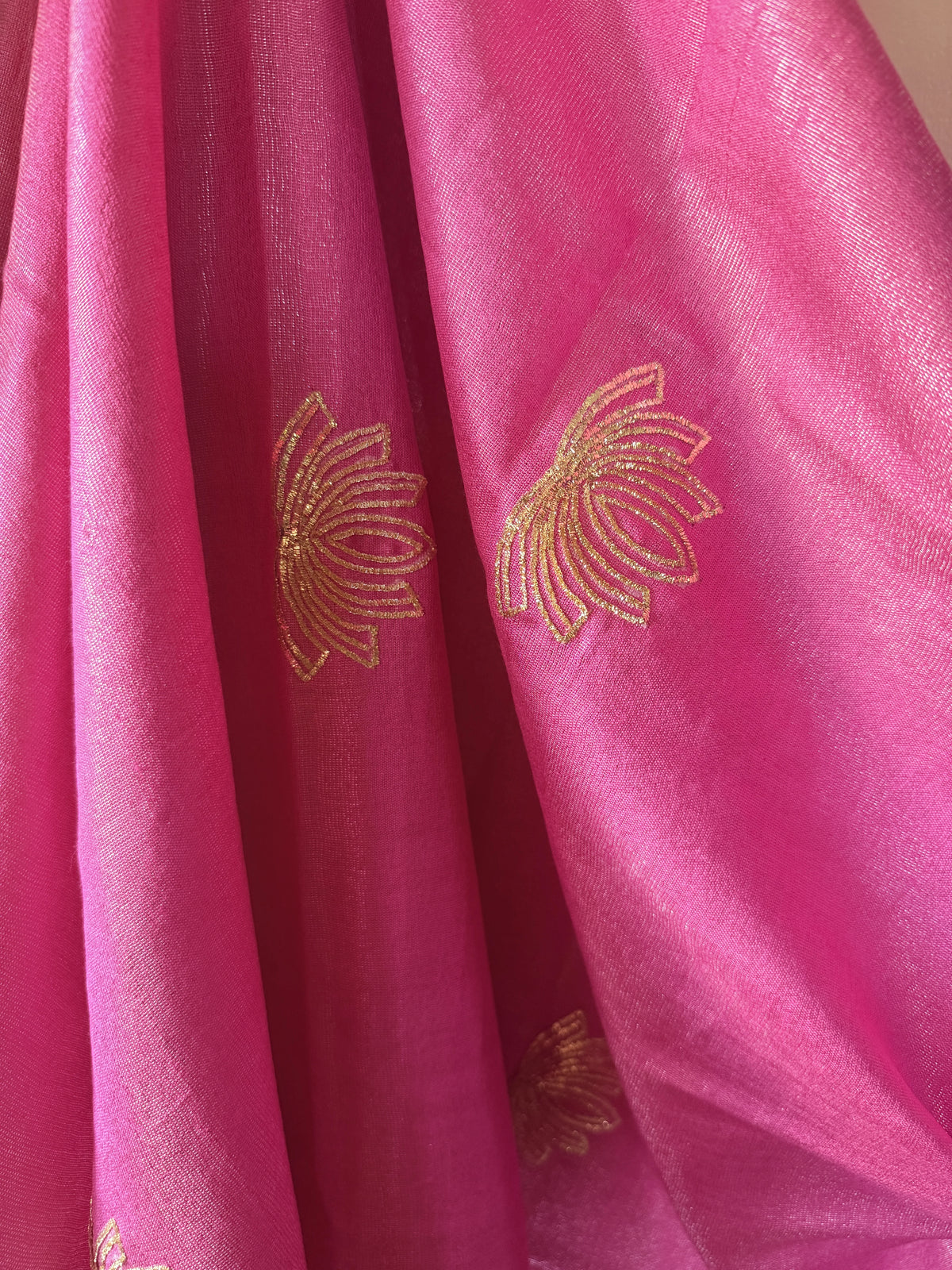 Pink Lotus Zardozi Dupatta - Gold Zari Work with Scalloped Border