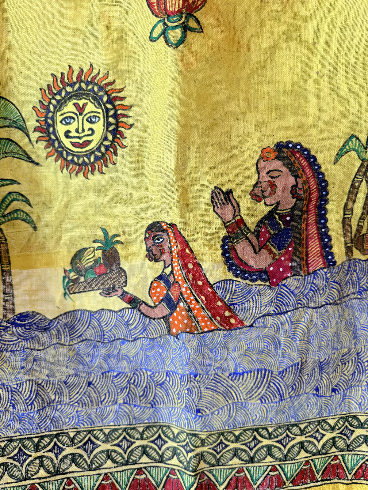 Yellow Chhath Puja Madhubani Dupatta - Hand Painted Arghya Scene
