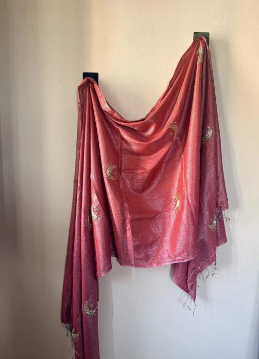 Coral red moon and sun zardozi dupatta with hand beaded border – Nayab Stores