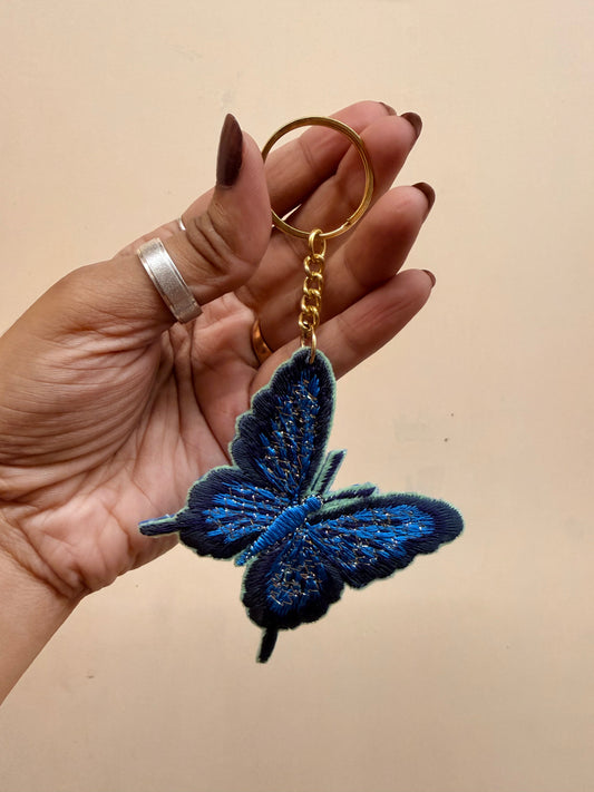 Blue Butterfly Embroidered Key Ring