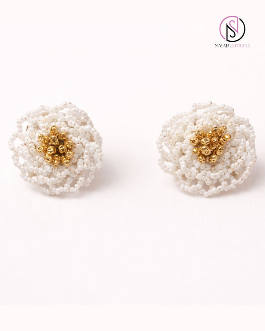 Ivory Bloom Handcrafted Beaded Earrings | White Floral Seed Bead Earrings