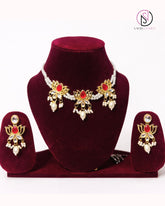 Red Lotus Pearl Necklace Set with Earrings | Handcrafted Temple-Inspired Jewellery Set