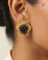 Purple Petals Stud Earrings | Yellow Beaded Flower Earrings