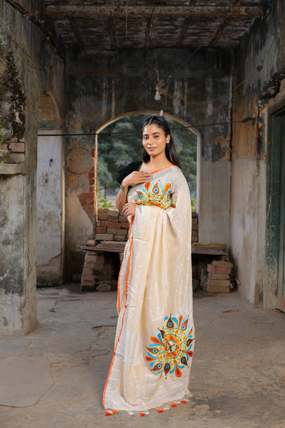 Linen Saree with Artistic Patchwork | Elegant Summer Wear
