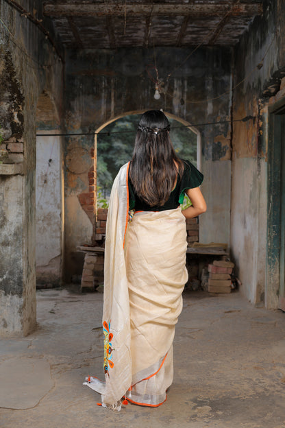 Linen Saree with Artistic Patchwork | Elegant Summer Wear