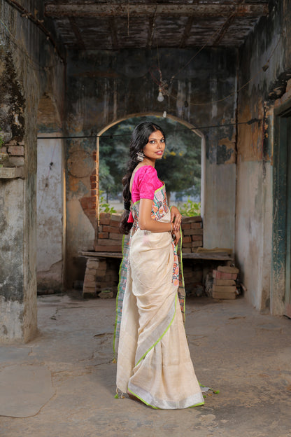 Linen Saree with Artistic Patchwork | Elegant Summer Wear