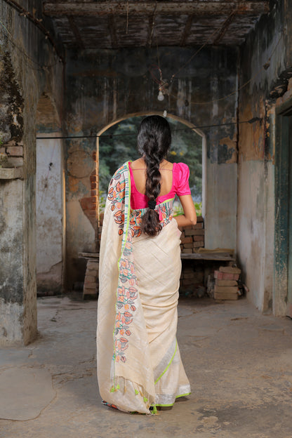 Linen Saree with Artistic Patchwork | Elegant Summer Wear