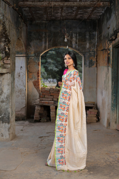 Linen Saree with Artistic Patchwork | Elegant Summer Wear