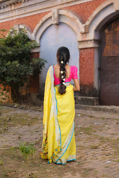 Linen Saree with Artistic Patchwork | Elegant Summer Wear