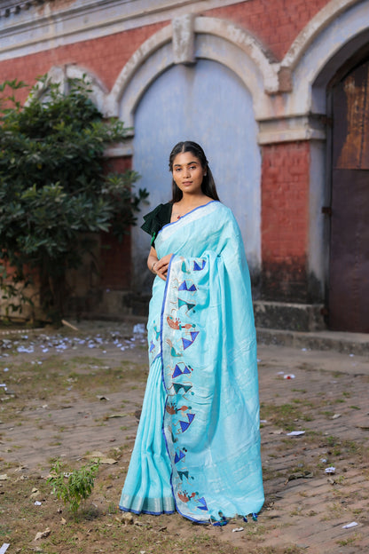 Linen Saree with Artistic Patchwork | Elegant Summer Wear