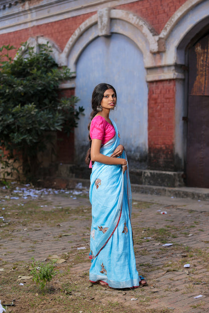 Linen Saree with Artistic Patchwork | Elegant Summer Wear