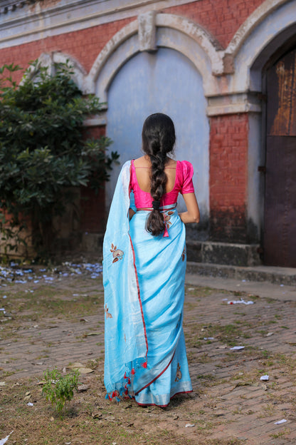 Linen Saree with Artistic Patchwork | Elegant Summer Wear