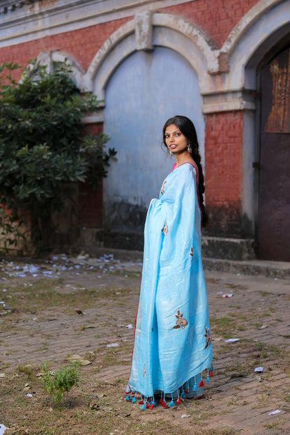 Linen Saree with Artistic Patchwork | Elegant Summer Wear