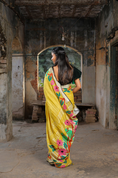 Linen Saree with Artistic Patchwork | Elegant Summer Wear