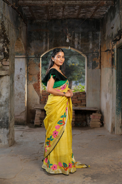 Linen Saree with Artistic Patchwork | Elegant Summer Wear