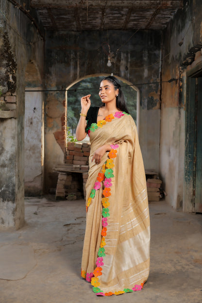 Linen Saree with Artistic Patchwork | Elegant Summer Wear