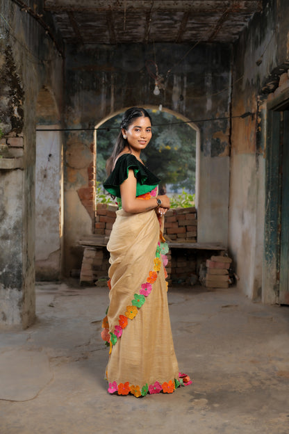 Linen Saree with Artistic Patchwork | Elegant Summer Wear