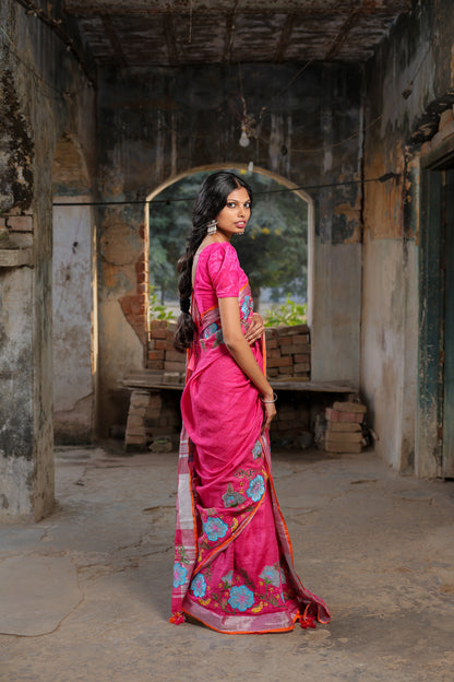 Linen Saree with Artistic Patchwork | Elegant Summer Wear