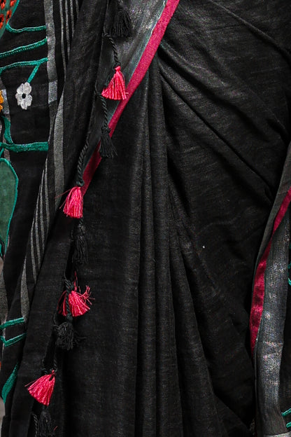 Linen Saree with Artistic Patchwork | Elegant Summer Wear