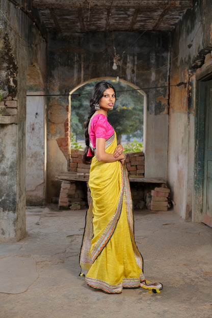Linen Saree with Artistic Patchwork | Elegant Summer Wear