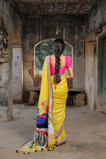 Linen Saree with Artistic Patchwork | Elegant Summer Wear