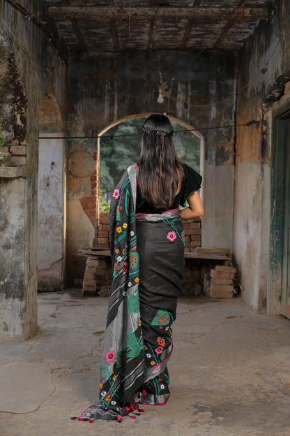 Linen Saree with Artistic Patchwork | Elegant Summer Wear