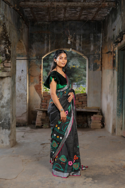 Linen Saree with Artistic Patchwork | Elegant Summer Wear