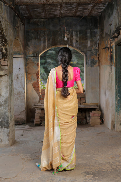 Linen Saree with Artistic Patchwork | Elegant Summer Wear