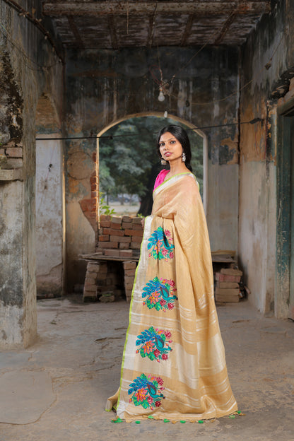 Linen Saree with Artistic Patchwork | Elegant Summer Wear