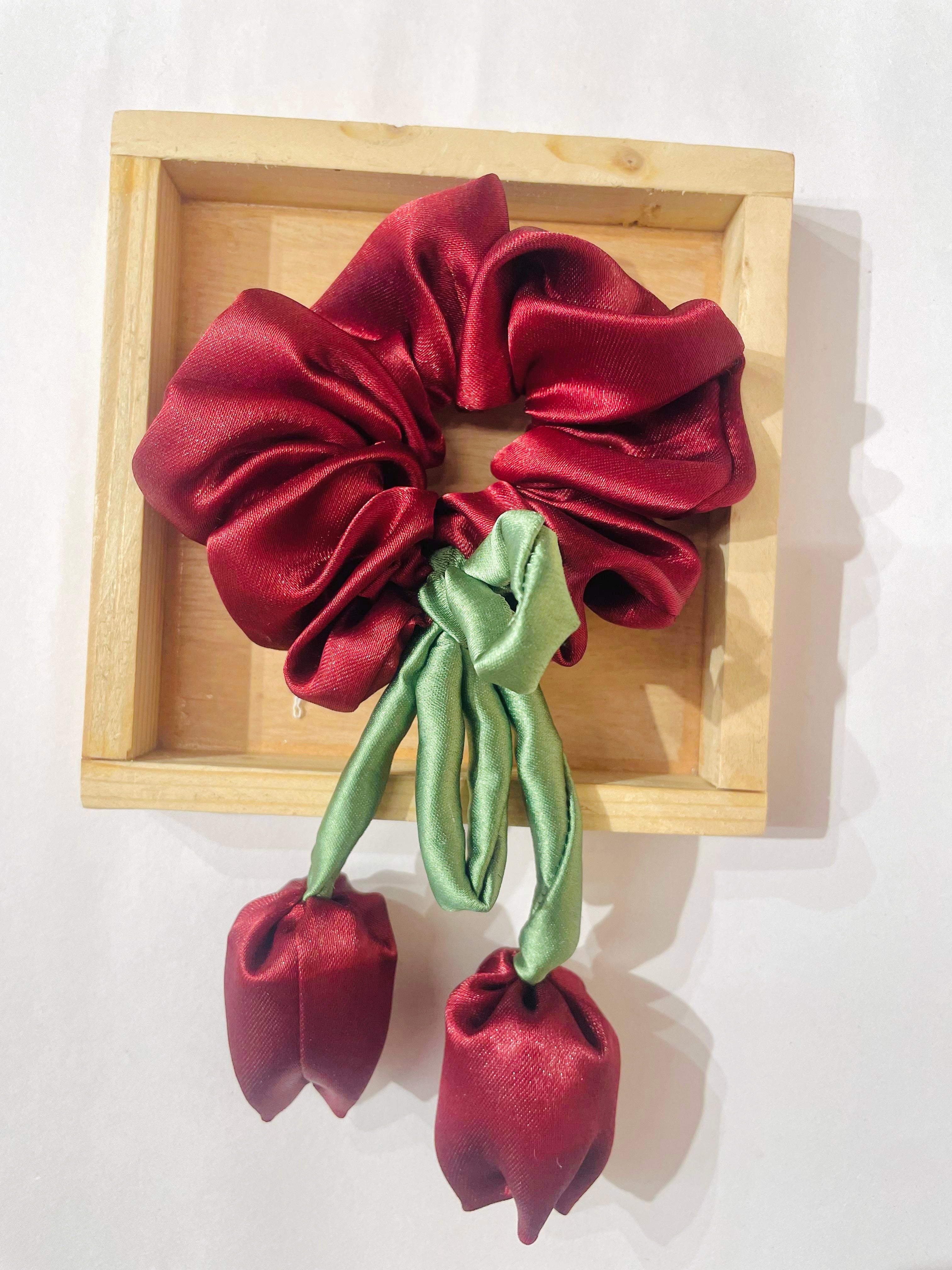 Maroon Satin Scrunchies With Tulip Charm