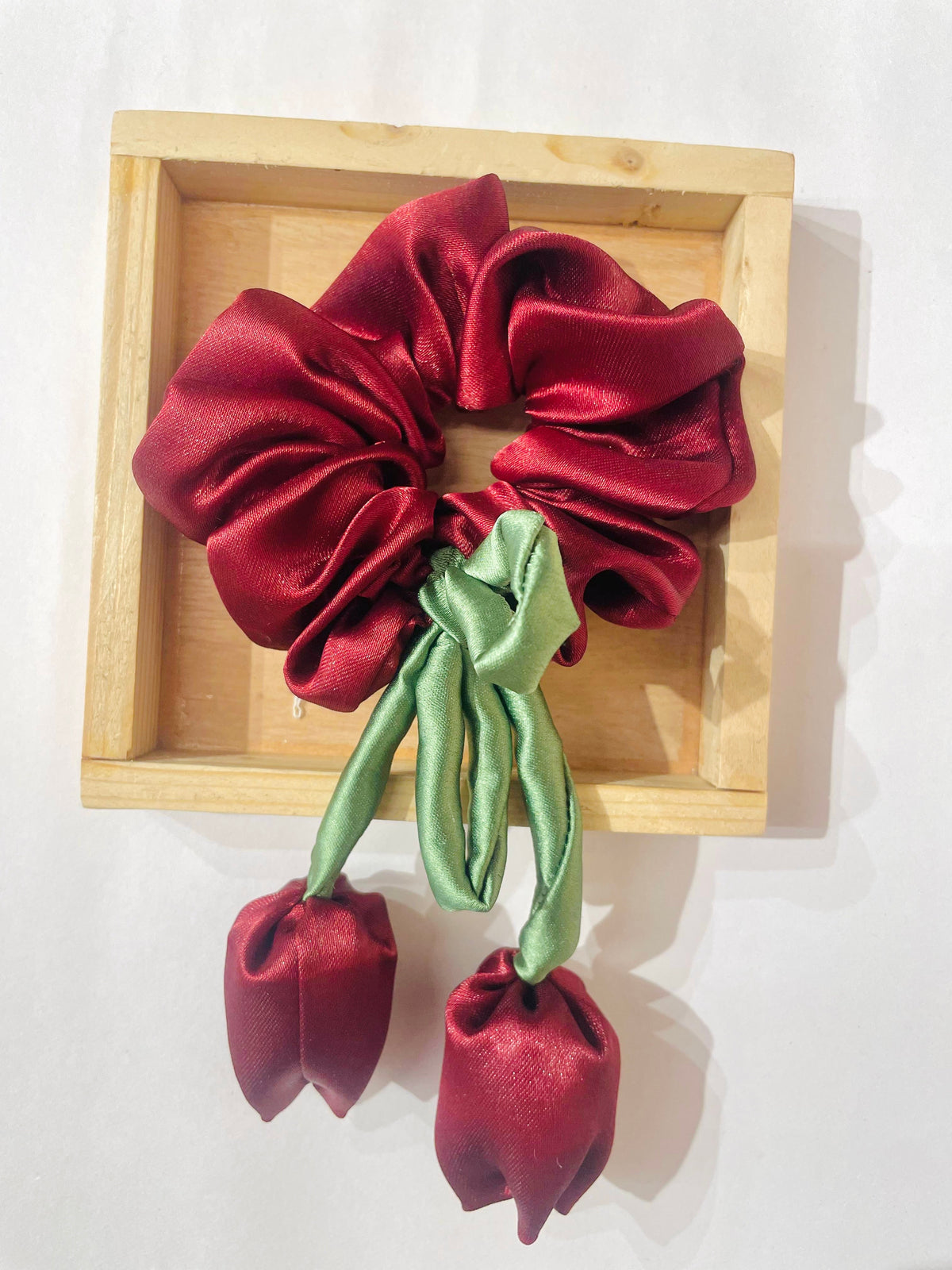 Maroon Satin Scrunchies With Tulip Charm