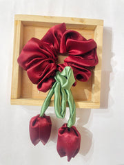 Maroon Satin Scrunchies With Tulip Charm