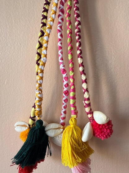 Pink & Gold Pom-Pom Braided Hair Band with Cowrie Shells