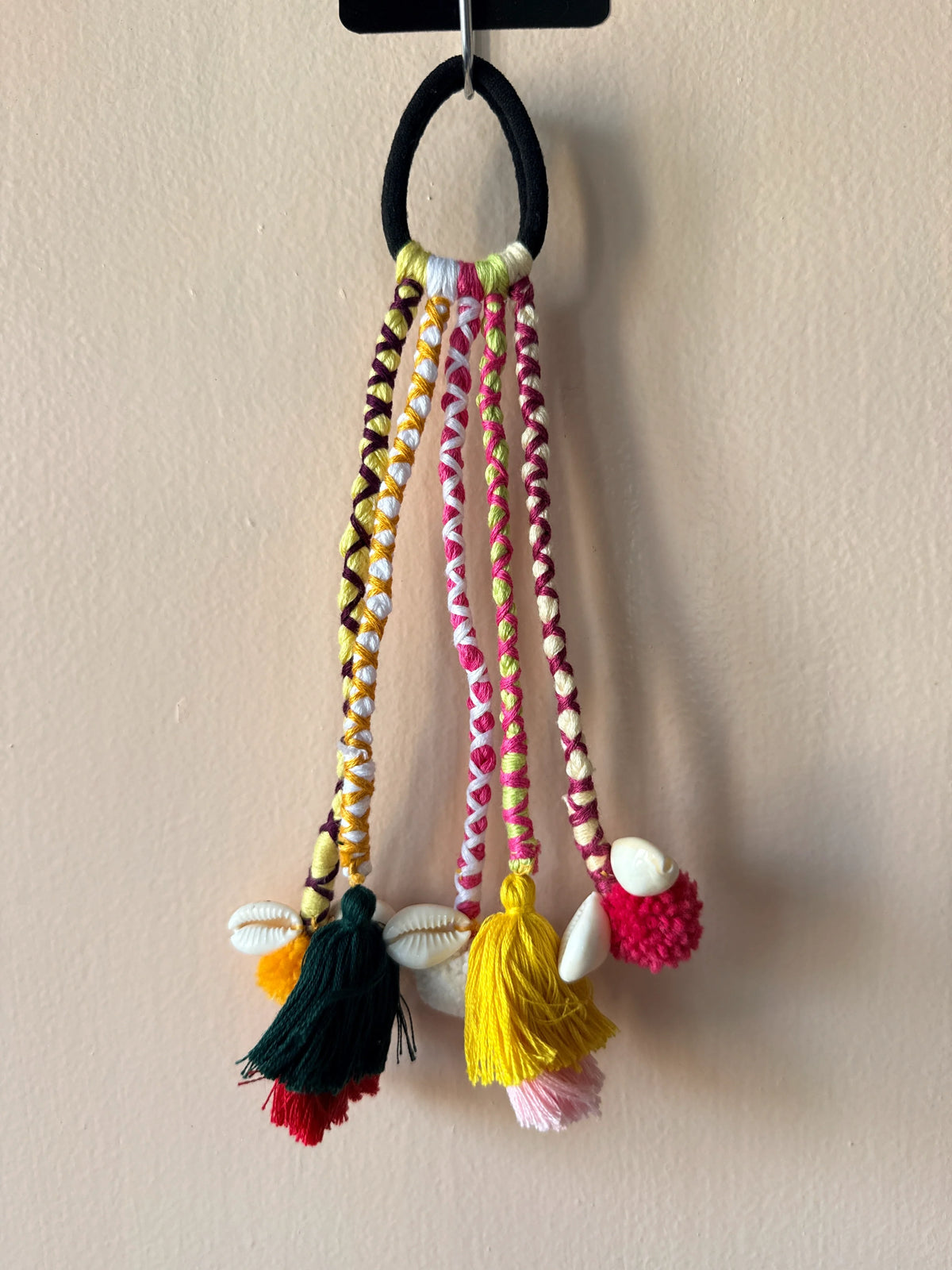 Pink & Gold Pom-Pom Braided Hair Band with Cowrie Shells