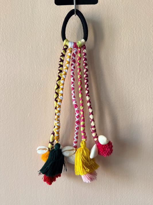 Pink & Gold Pom-Pom Braided Hair Band with Cowrie Shells