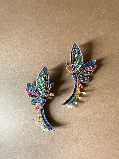 Blue Butterfly Zardosi Dangler Earrings with Pearl Drops
