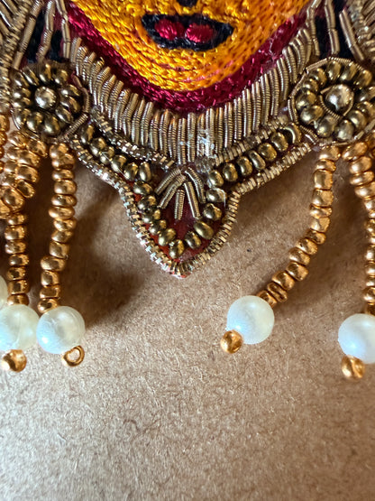 Golden Durga Devi Face Zardosi Earrings with Pearl Tassels