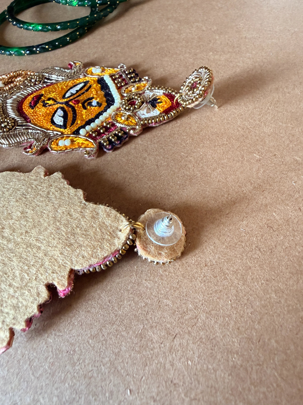Golden Durga Devi Face Zardosi Earrings with Pearl Tassels