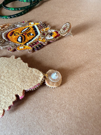 Golden Durga Devi Face Zardosi Earrings with Pearl Tassels