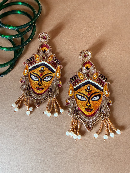 Golden Durga Devi Face Zardosi Earrings with Pearl Tassels