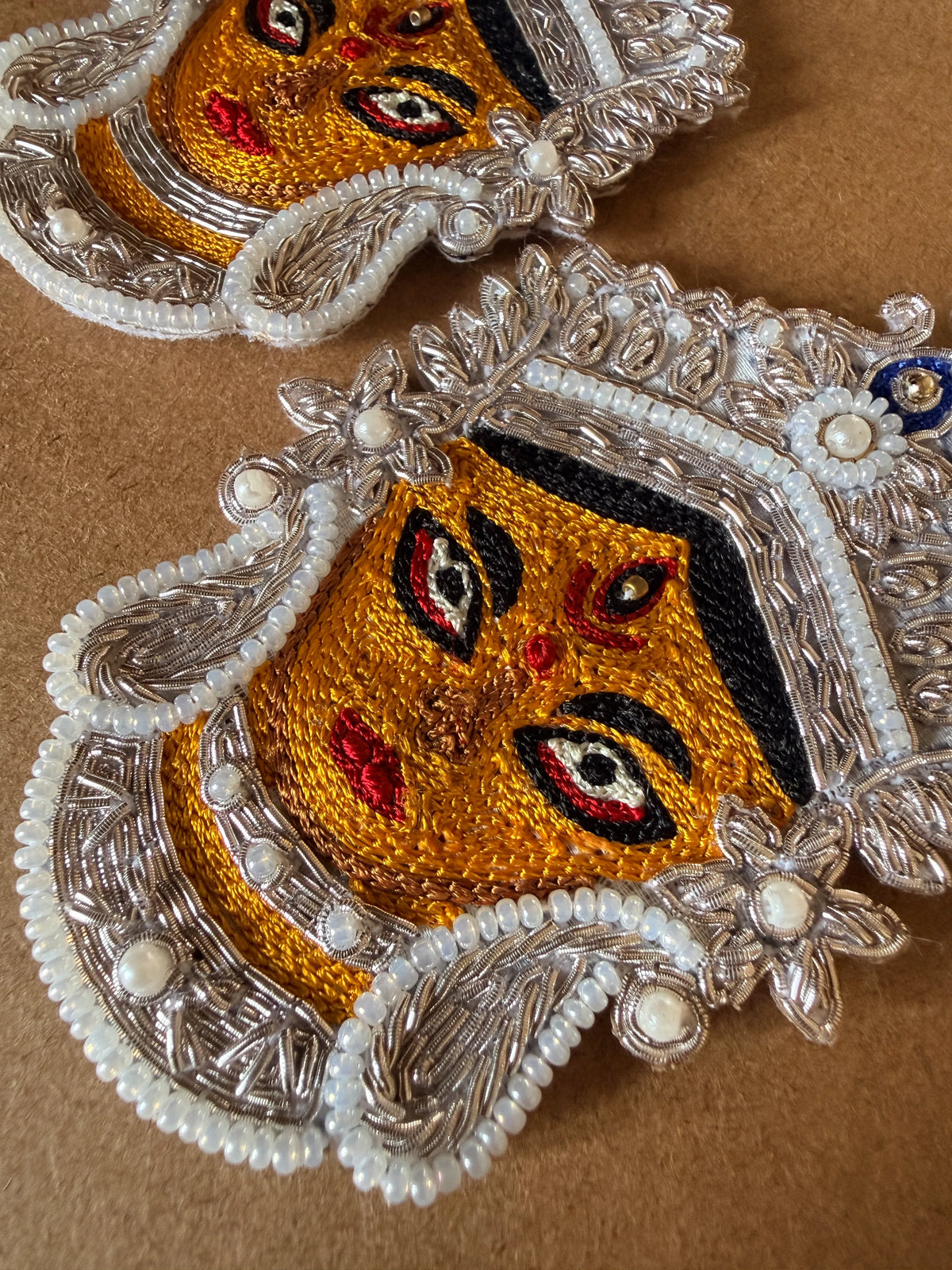 Silver Durga Devi Face Zardosi Earrings with Pearl Beadwork