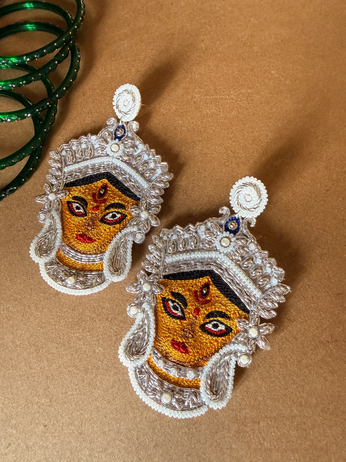 Silver Durga Devi Face Zardosi Earrings with Pearl Beadwork